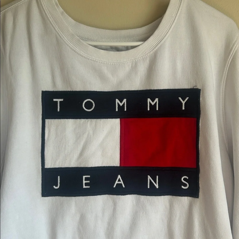 Tommy Jeans white with navy & red print pullover sweatshirt size large